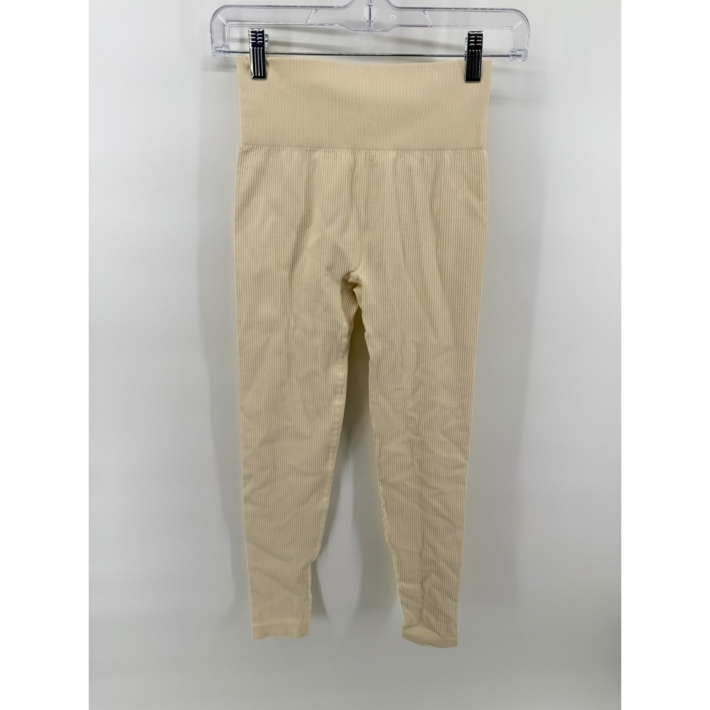 OQQ Womens Ribbed High Waisted Seamless Yoga Leggings Cream Tan Size Small